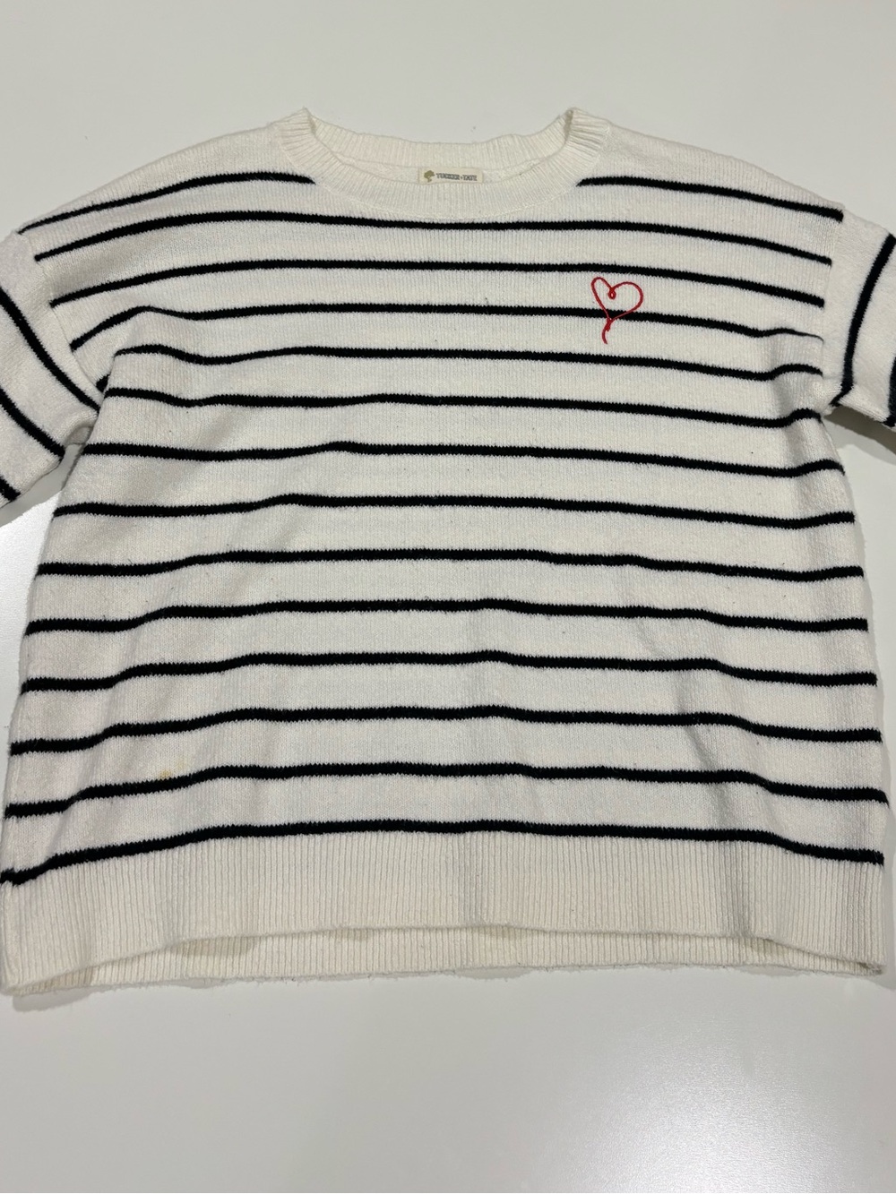Tucker + Tate Cream Striped Sweater with Red Heart Embroidery